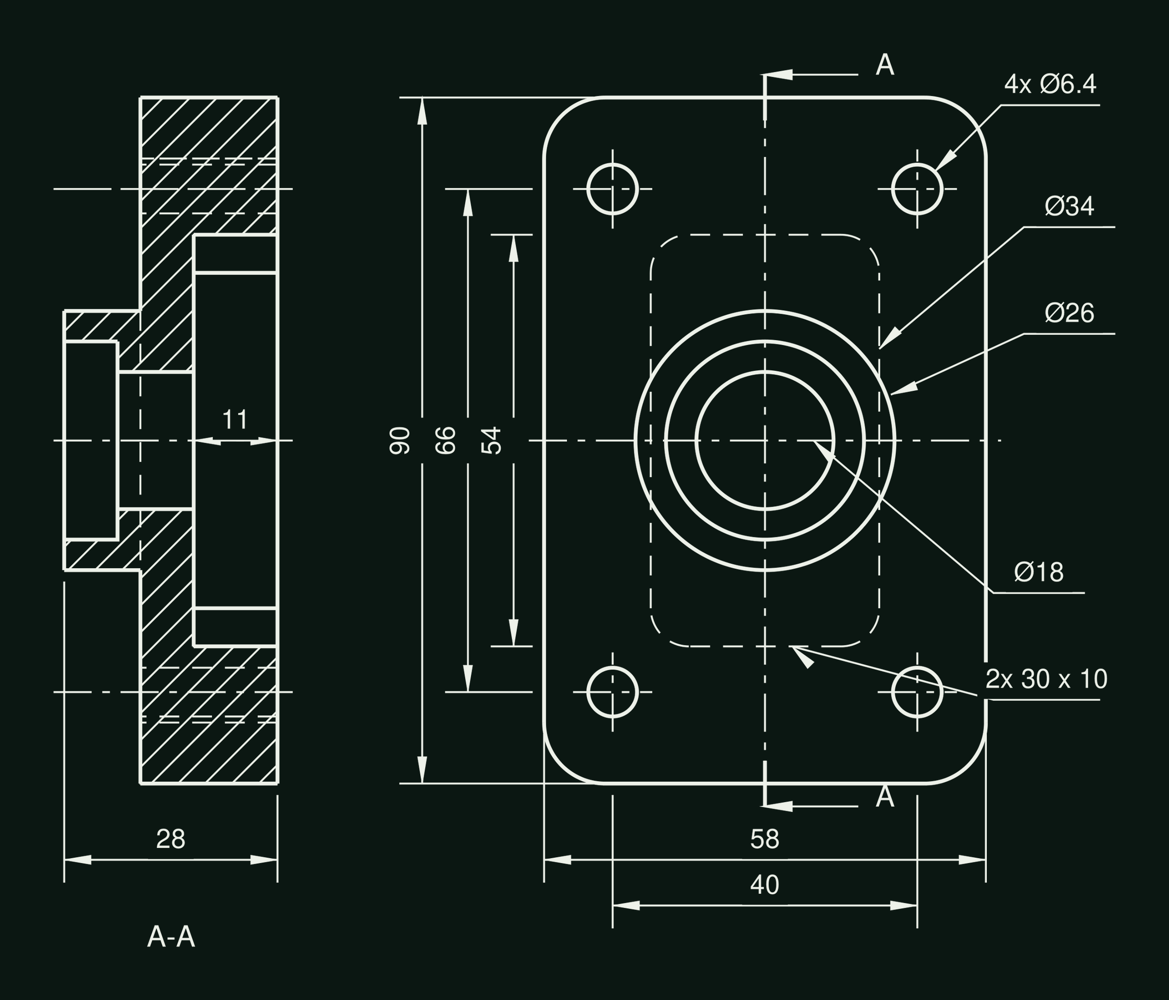 A technical drawing of the flanged plate: a section A-A on the left, a face view on the right, with diameters and overall sizes called out.