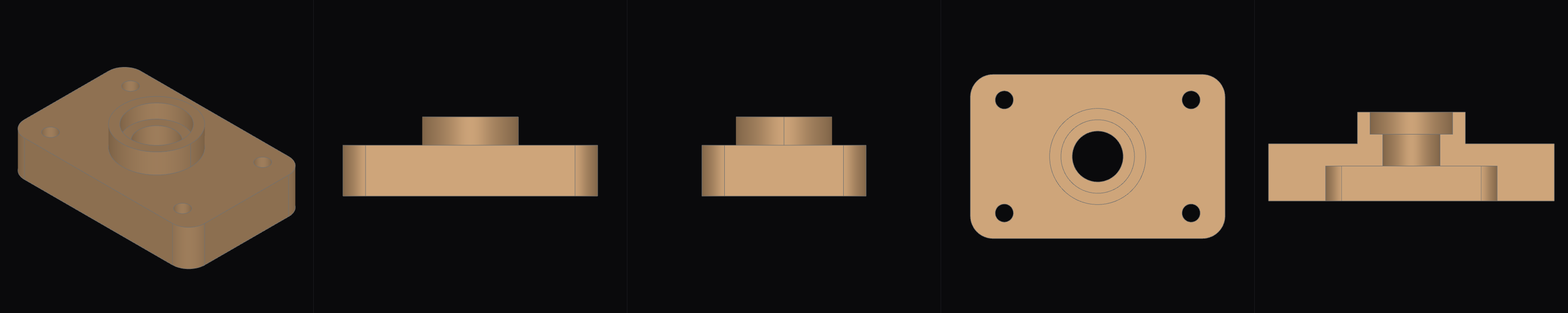 Five renders of the built solid — an isometric view, three orthographic elevations, and a section.